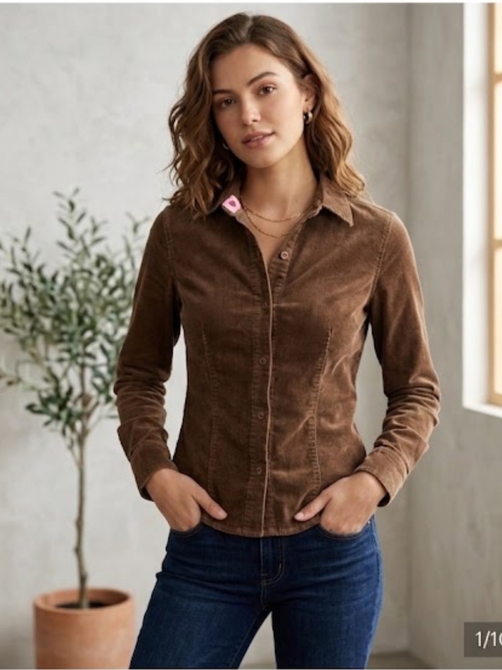 Andrew & Co Brown Corduroy Shirt Sz S